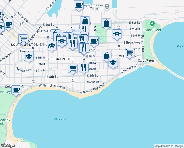 map of restaurants, bars, coffee shops, grocery stores, and more near 681 East 8th Street in Boston