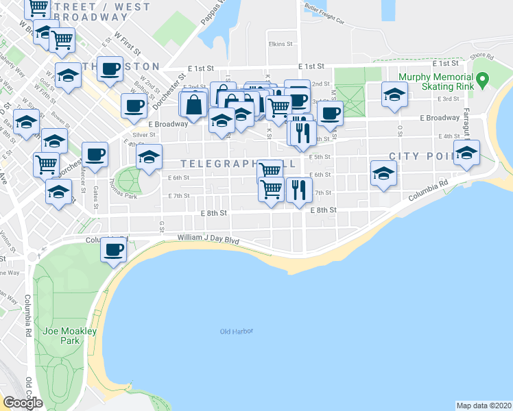 map of restaurants, bars, coffee shops, grocery stores, and more near 582-1/2 East 8th Street in Boston