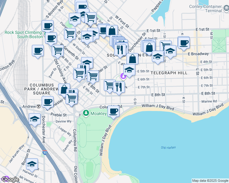 map of restaurants, bars, coffee shops, grocery stores, and more near 99 Old Harbor Street in Boston