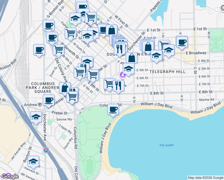 map of restaurants, bars, coffee shops, grocery stores, and more near 99 Old Harbor Street in Boston