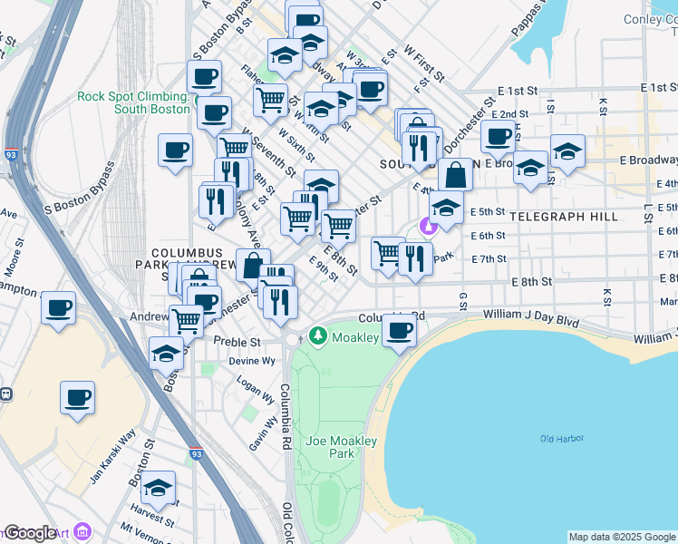 map of restaurants, bars, coffee shops, grocery stores, and more near 50 Rev Burke Street in Boston