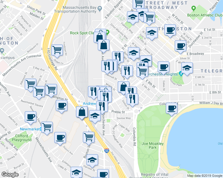 map of restaurants, bars, coffee shops, grocery stores, and more near 21 Woodward Street in Boston