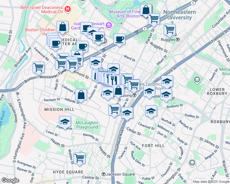 map of restaurants, bars, coffee shops, grocery stores, and more near in Boston