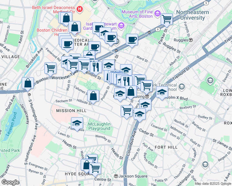 map of restaurants, bars, coffee shops, grocery stores, and more near 19A Burney Street in Boston