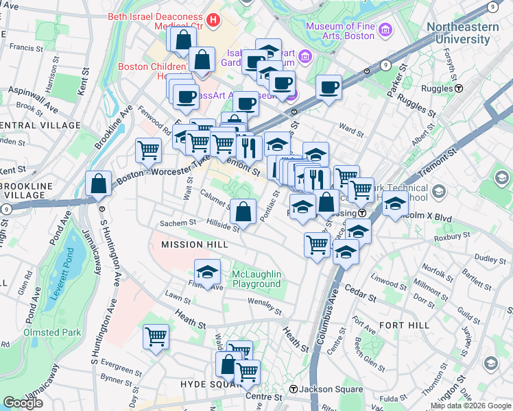 map of restaurants, bars, coffee shops, grocery stores, and more near 40 Pontiac Street in Boston