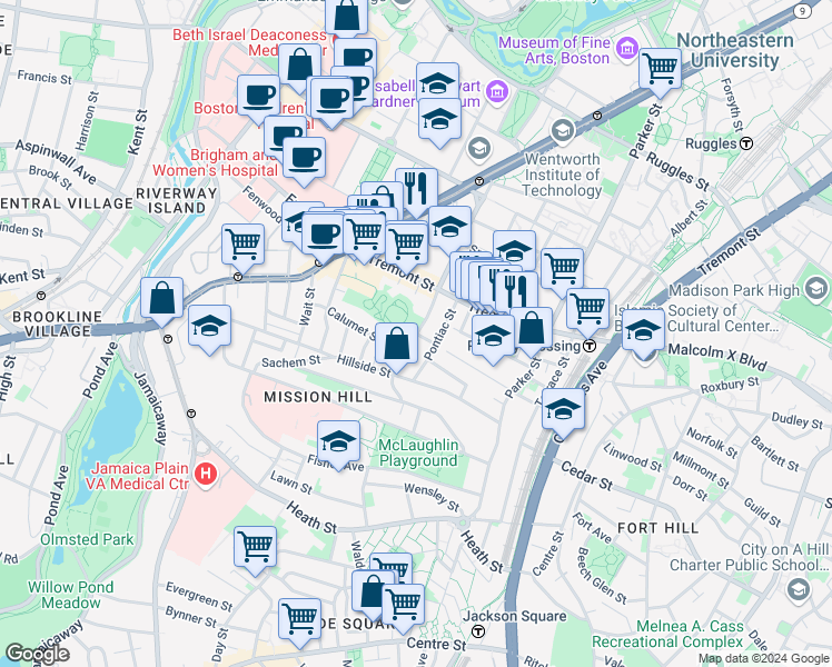 map of restaurants, bars, coffee shops, grocery stores, and more near 40 Pontiac Street in Boston