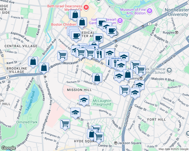 map of restaurants, bars, coffee shops, grocery stores, and more near 101 Calumet Street in Boston