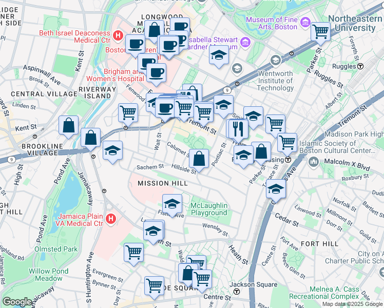 map of restaurants, bars, coffee shops, grocery stores, and more near 101 Calumet Street in Boston