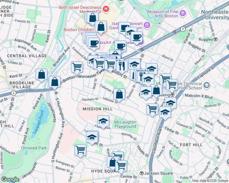 map of restaurants, bars, coffee shops, grocery stores, and more near 101 Calumet Street in Boston