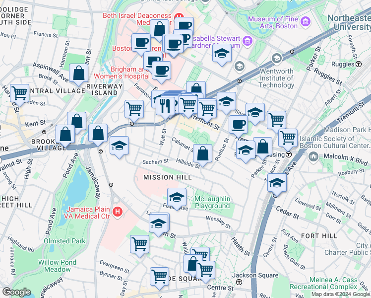 map of restaurants, bars, coffee shops, grocery stores, and more near 5 Oswald Street in Boston