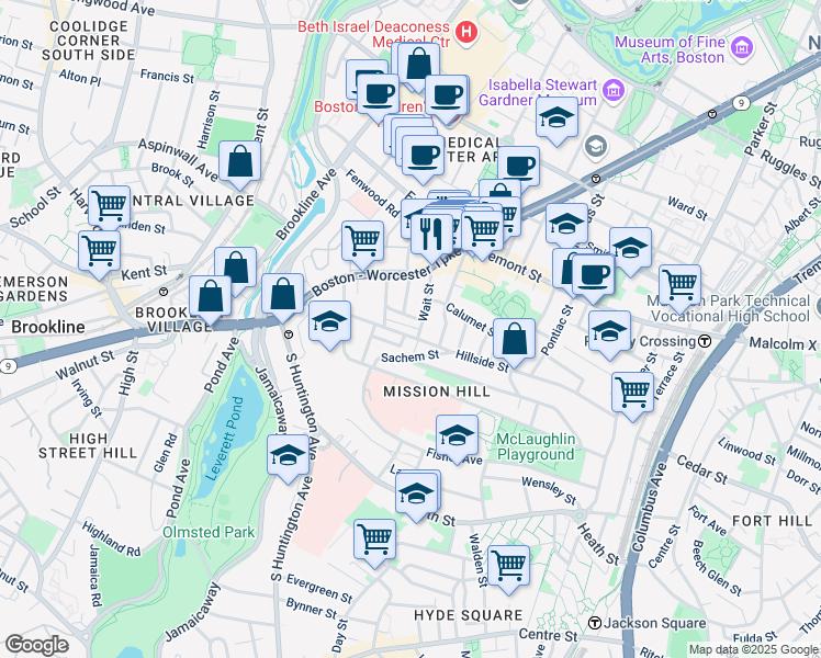 map of restaurants, bars, coffee shops, grocery stores, and more near 168 Hillside Street in Boston