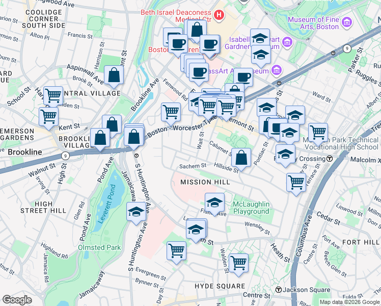 map of restaurants, bars, coffee shops, grocery stores, and more near 168 Hillside Street in Boston