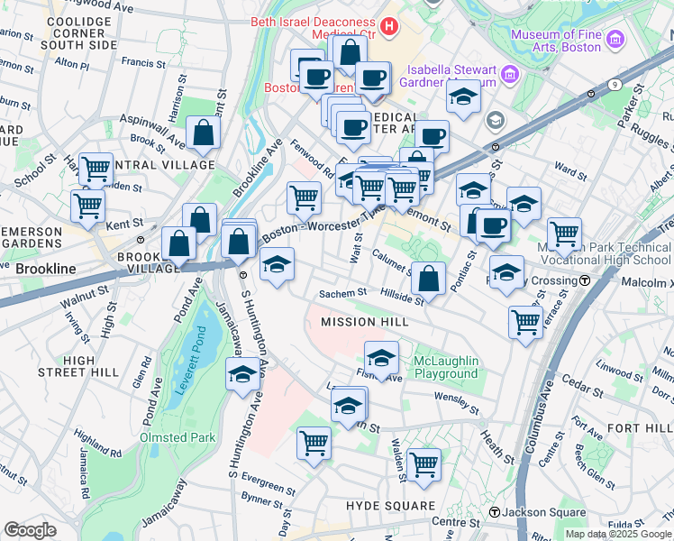 map of restaurants, bars, coffee shops, grocery stores, and more near 168 Hillside Street in Boston