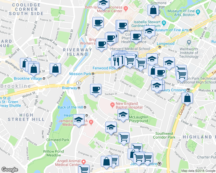 map of restaurants, bars, coffee shops, grocery stores, and more near 168 Hillside Street in Boston