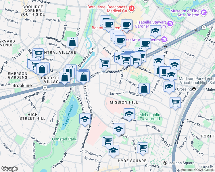 map of restaurants, bars, coffee shops, grocery stores, and more near 11 Sunset Street in Boston