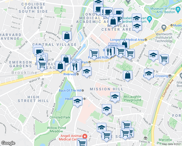 map of restaurants, bars, coffee shops, grocery stores, and more near 11 Sunset Street in Boston