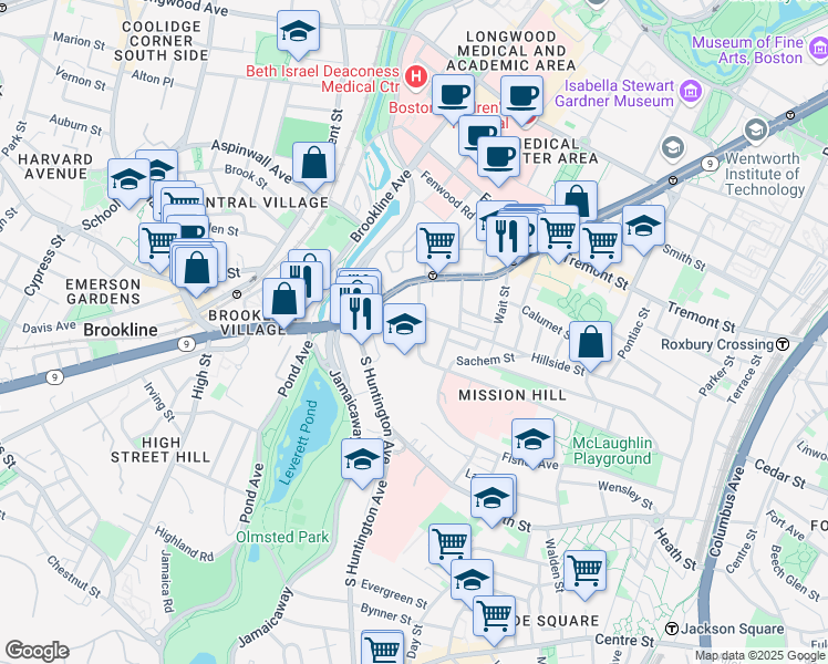 map of restaurants, bars, coffee shops, grocery stores, and more near 3 Parker Hill Terrace in Boston