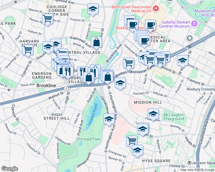 map of restaurants, bars, coffee shops, grocery stores, and more near 25-25A South Huntington Avenue in Boston