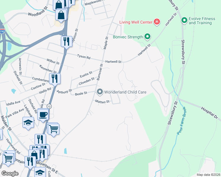 map of restaurants, bars, coffee shops, grocery stores, and more near 31 Santoro Road in Worcester
