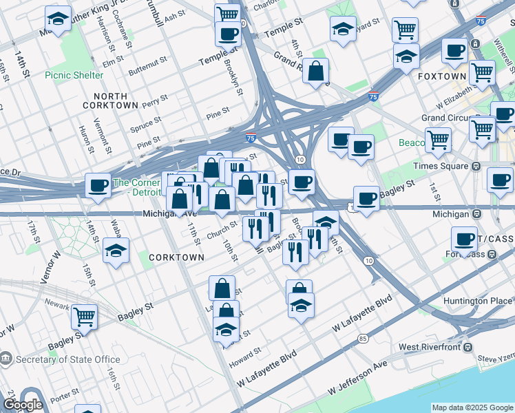 map of restaurants, bars, coffee shops, grocery stores, and more near 1384 Michigan Avenue in Detroit