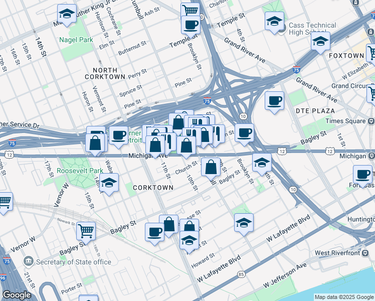 map of restaurants, bars, coffee shops, grocery stores, and more near 1623 Michigan Avenue in Detroit
