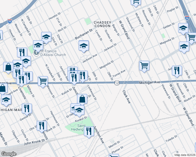 map of restaurants, bars, coffee shops, grocery stores, and more near 4708 Michigan Avenue in Detroit