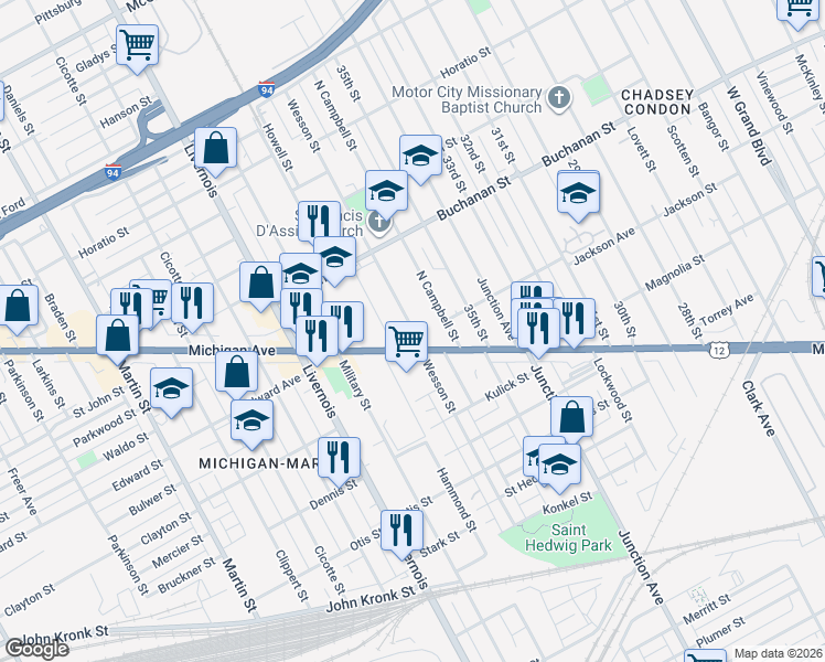 map of restaurants, bars, coffee shops, grocery stores, and more near 4028 Joe Street in Detroit