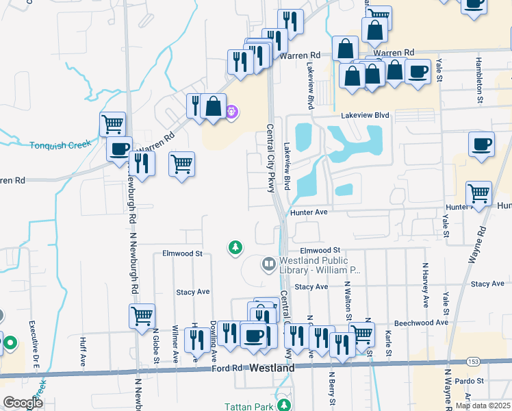 map of restaurants, bars, coffee shops, grocery stores, and more near 6833 Deer Run Court South in Westland