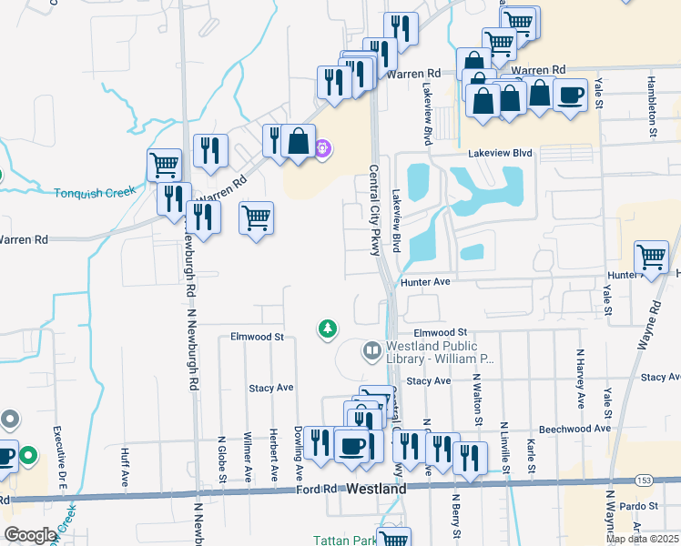 map of restaurants, bars, coffee shops, grocery stores, and more near 6833 Deer Run Court South in Westland
