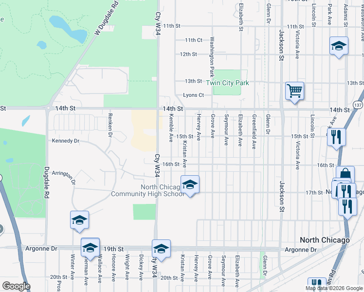 map of restaurants, bars, coffee shops, grocery stores, and more near 1516 Kristan Avenue in North Chicago