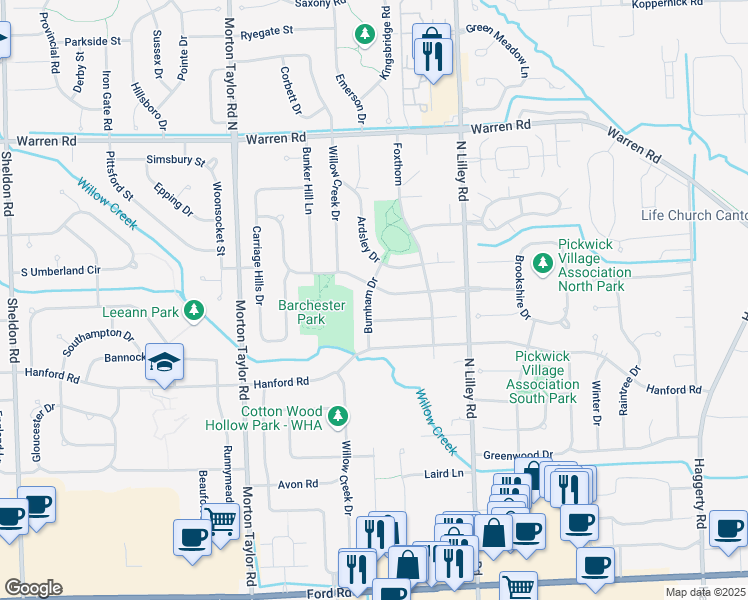 map of restaurants, bars, coffee shops, grocery stores, and more near 6642 Burnham Drive in Canton