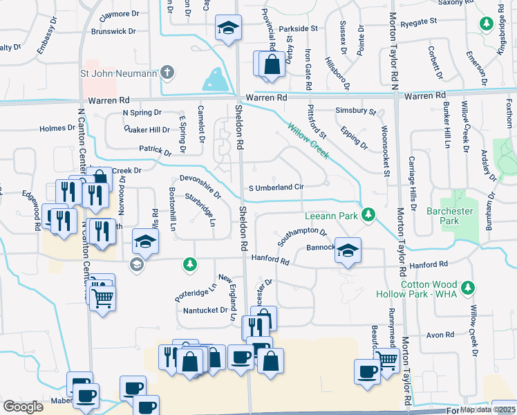 map of restaurants, bars, coffee shops, grocery stores, and more near 44252 Leeann Lane in Canton