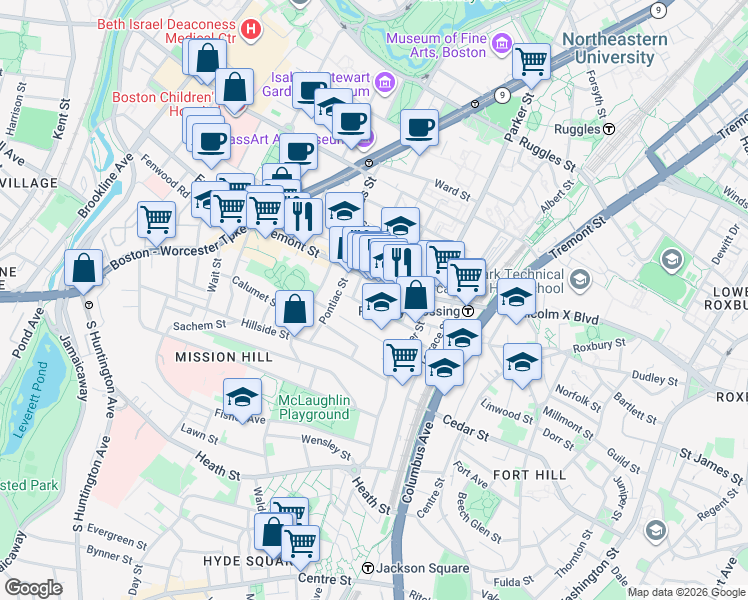 map of restaurants, bars, coffee shops, grocery stores, and more near 14 Burney Street in Boston