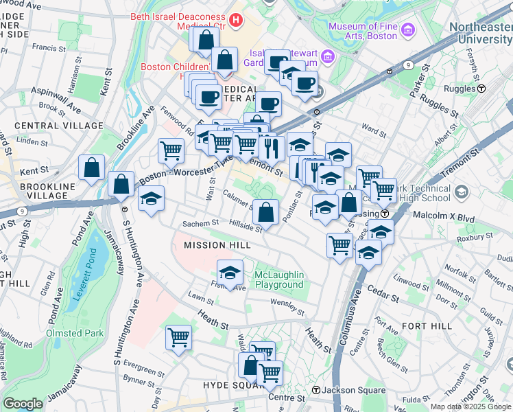 map of restaurants, bars, coffee shops, grocery stores, and more near 101 Calumet Street in Boston