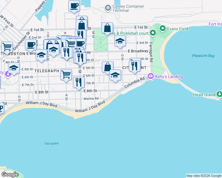 map of restaurants, bars, coffee shops, grocery stores, and more near 202 N Street in Boston