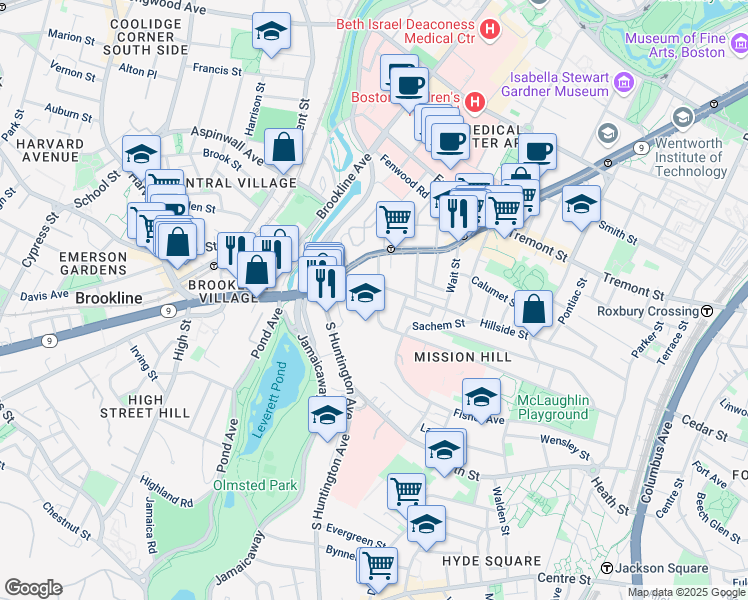 map of restaurants, bars, coffee shops, grocery stores, and more near 3 Parker Hill Terrace in Boston