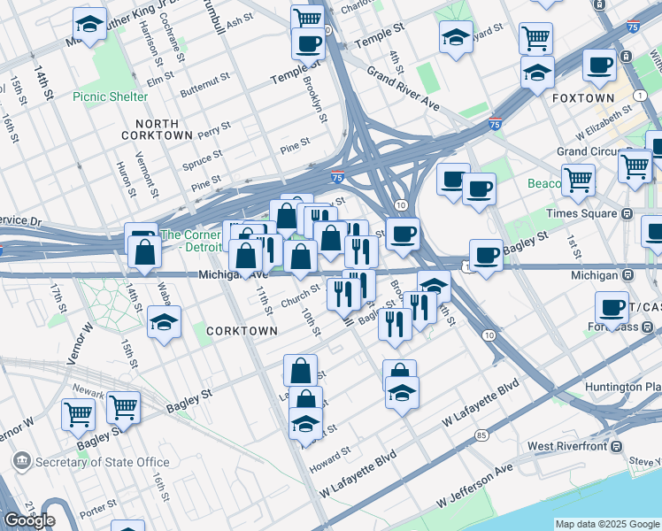 map of restaurants, bars, coffee shops, grocery stores, and more near 1501 Church Street in Detroit