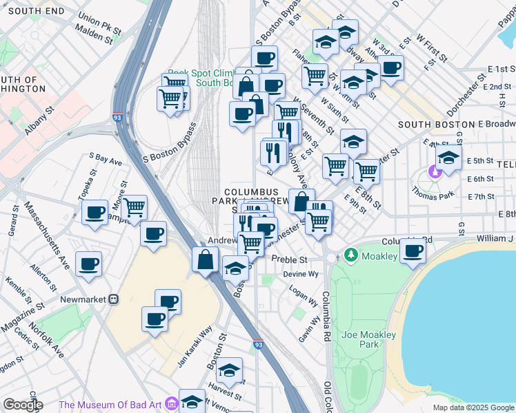 map of restaurants, bars, coffee shops, grocery stores, and more near 21 Woodward Street in Boston