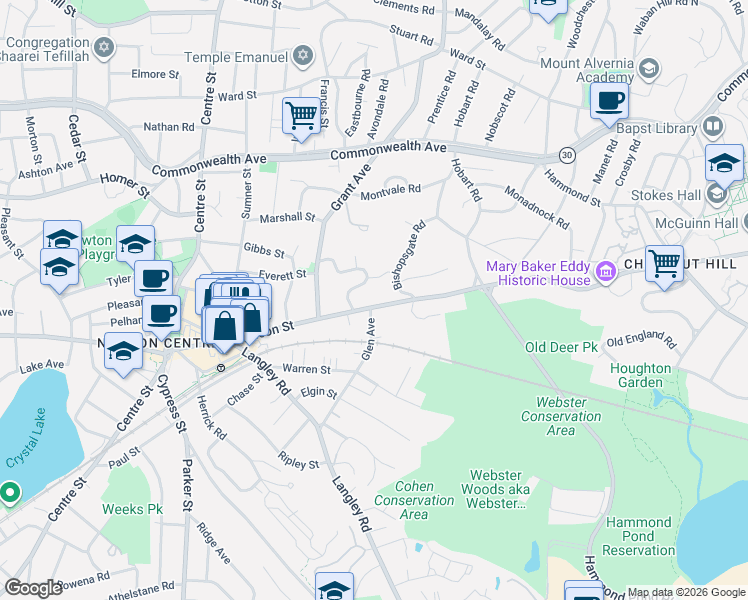 map of restaurants, bars, coffee shops, grocery stores, and more near in Newton