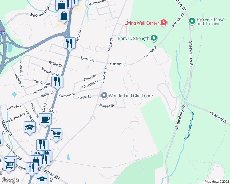 map of restaurants, bars, coffee shops, grocery stores, and more near 31 Santoro Road in Worcester