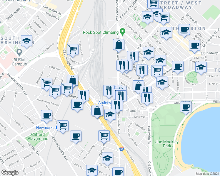 map of restaurants, bars, coffee shops, grocery stores, and more near 511-537 Dorchester Avenue in Boston
