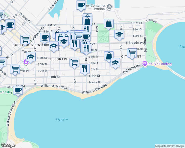 map of restaurants, bars, coffee shops, grocery stores, and more near 681 East 8th Street in Boston