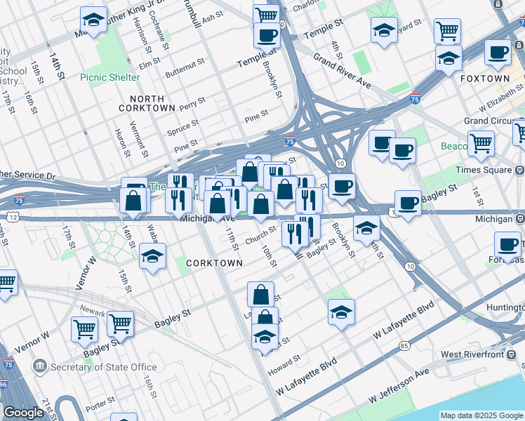 map of restaurants, bars, coffee shops, grocery stores, and more near 1620 Michigan Avenue in Detroit