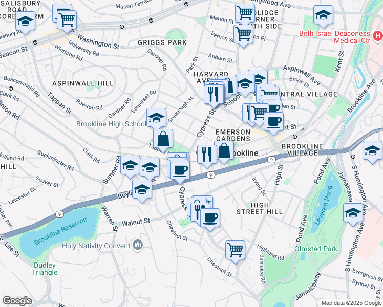 map of restaurants, bars, coffee shops, grocery stores, and more near 102 Cypress Street in Brookline