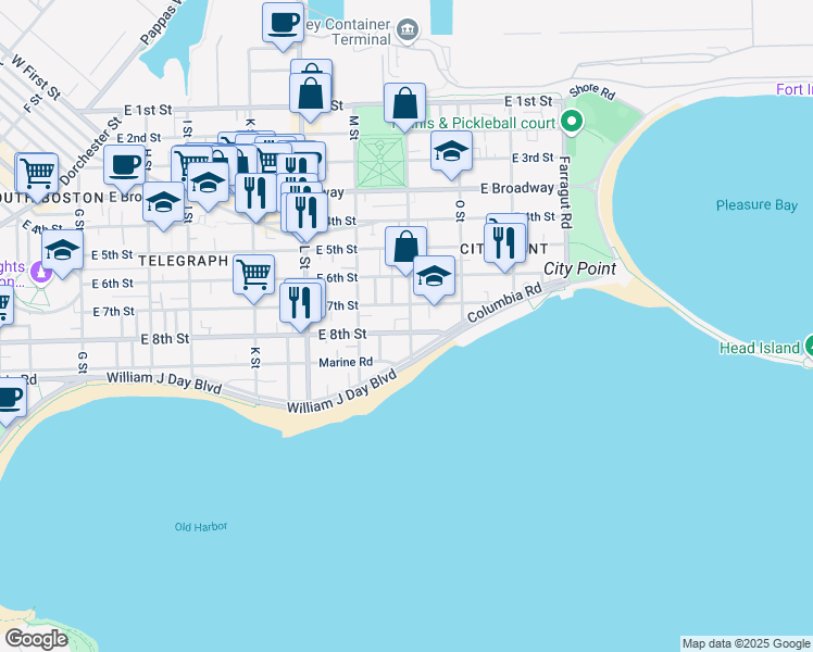map of restaurants, bars, coffee shops, grocery stores, and more near 202 N Street in Boston