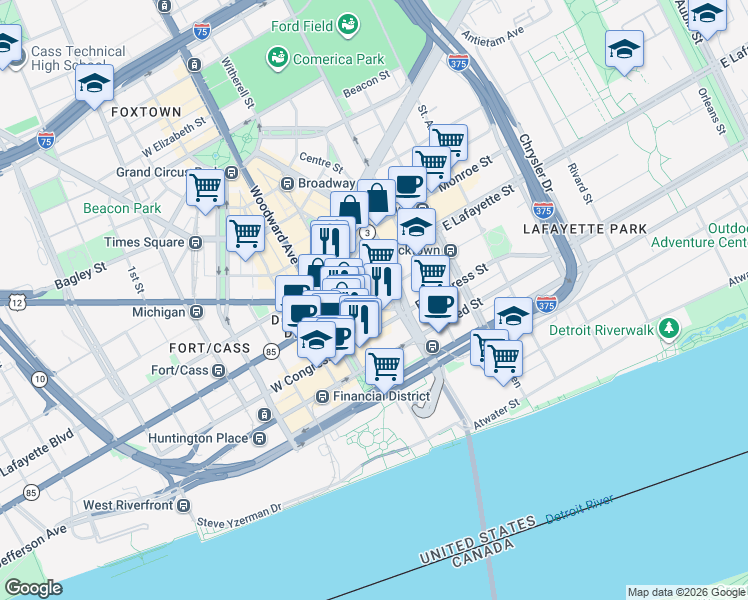 map of restaurants, bars, coffee shops, grocery stores, and more near 725 Bates Street in Detroit