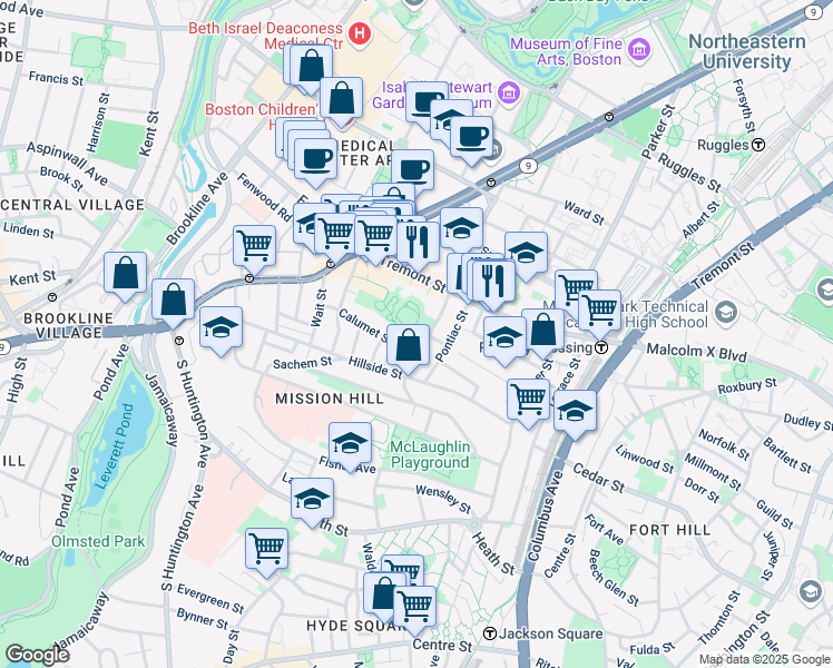 map of restaurants, bars, coffee shops, grocery stores, and more near 101 Calumet Street in Boston