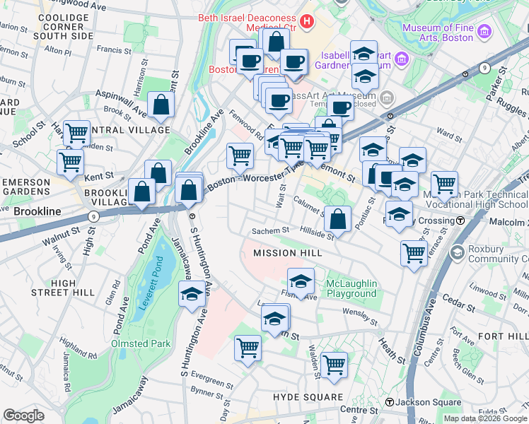 map of restaurants, bars, coffee shops, grocery stores, and more near 168 Hillside Street in Boston