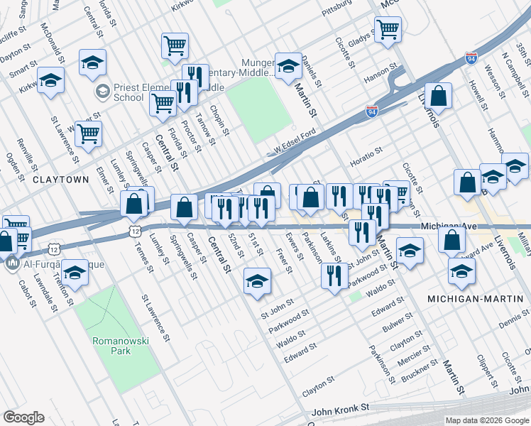 map of restaurants, bars, coffee shops, grocery stores, and more near 7435 Michigan Avenue in Detroit