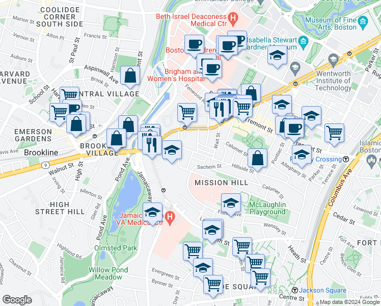 map of restaurants, bars, coffee shops, grocery stores, and more near 190 Hillside Street in Roxbury Crossing